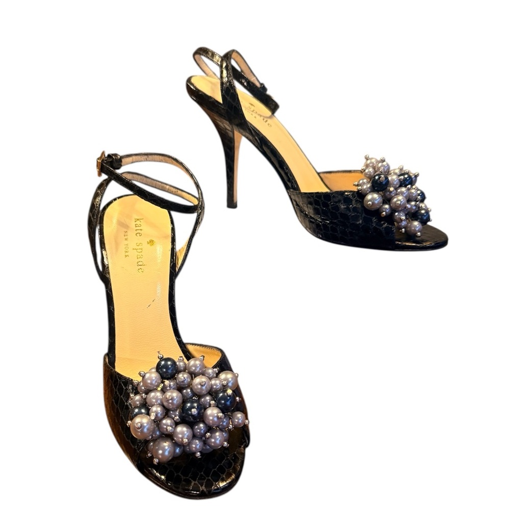 Kate Spade Black Snakeskin Heels with Pearl Accents Size 5 MSRP $398